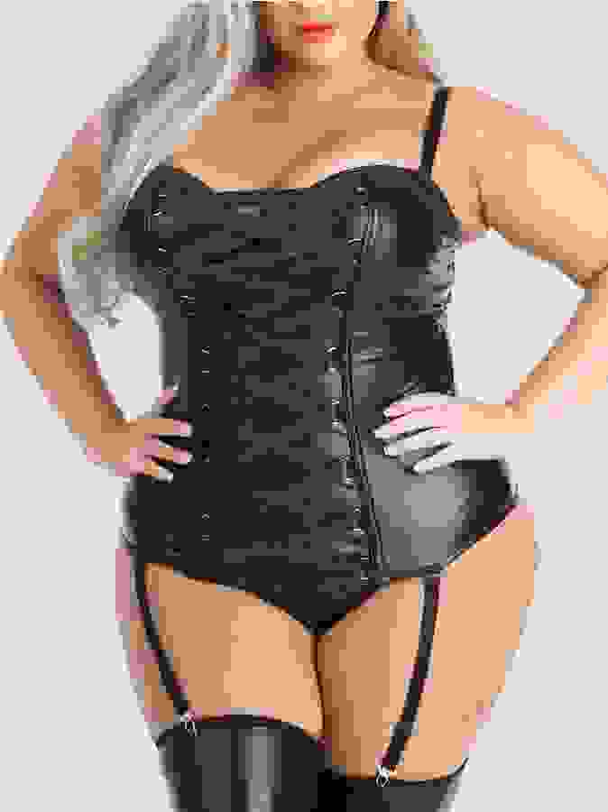 Lovehoney Plus Size Fierce Leather-Look Basque Set, Black, hi-res